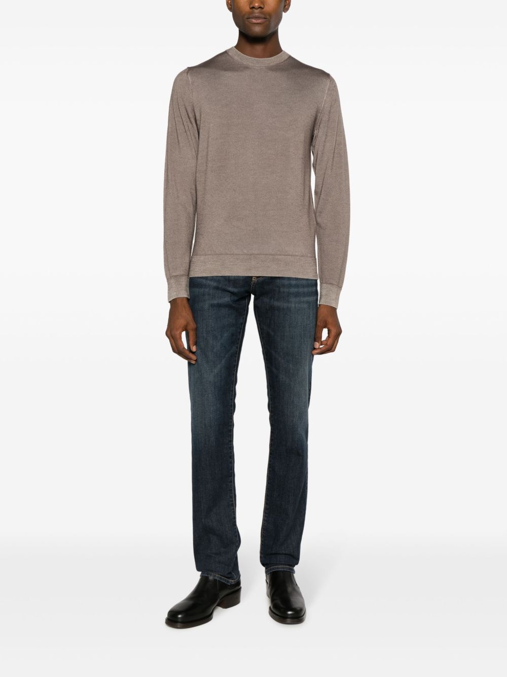 Maison-Kitsune Knitted Sweaters Men Jacob Cohën logo-patch fine-knit Jumper Brown