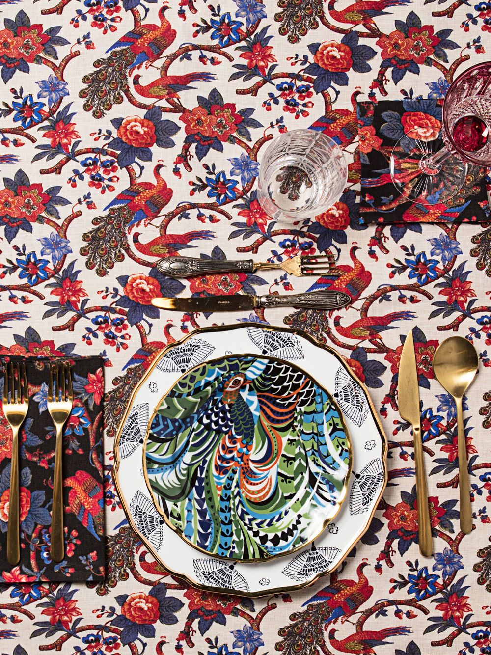 Maison-Kitsune Table Linens Men La DoubleJ Peacock Print Napkin Red