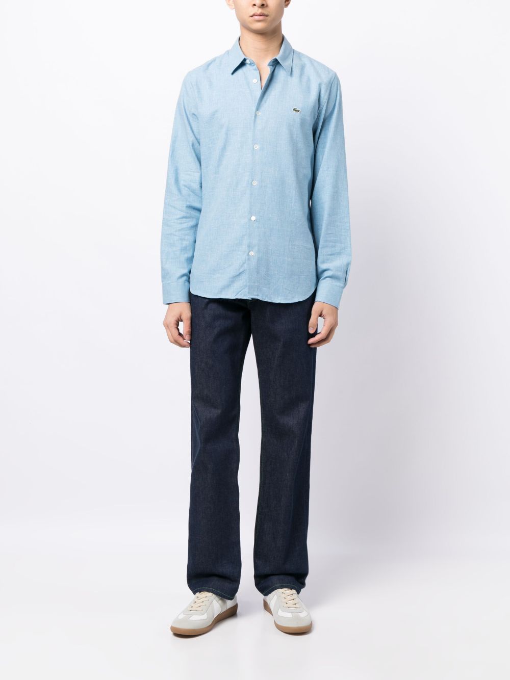 Men Shirts Maison-Kitsune Lacoste Crocodile logo-patch slub-texture Shirt Blue