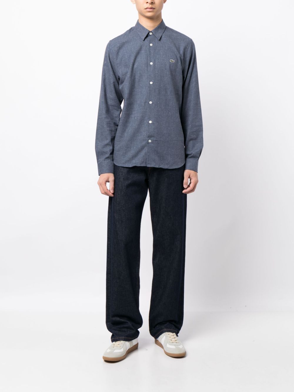 Lacoste logo-patch long-sleeve Chambray Shirt Blue Maison-Kitsune Men Shirts