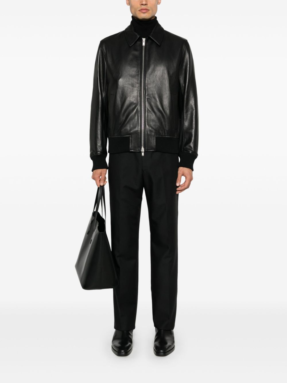 Men Leather Jackets Maison-Kitsune Lardini Leather Bomber Jacket Black