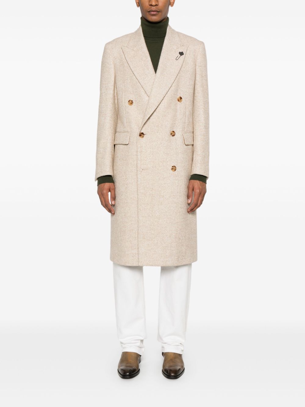 Men Double Breasted Coats Maison-Kitsune Lardini herringbone-pattern Coat Neutrals