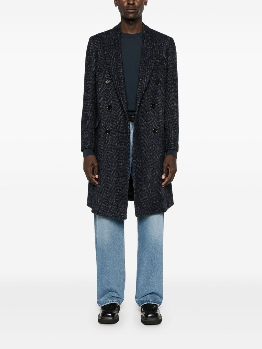 Lardini brooch-detail Coat Blue Men Double Breasted Coats Maison-Kitsune