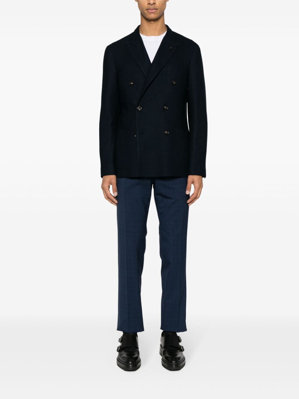Men Blazers Maison-Kitsune Lardini brooch-detail double-breasted Blazer Blue