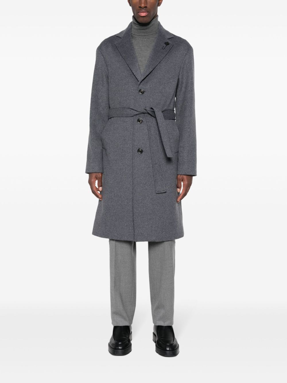 Lardini logo-appliqué Belted Wool Coat Grey Maison-Kitsune Men Single Breasted Coats