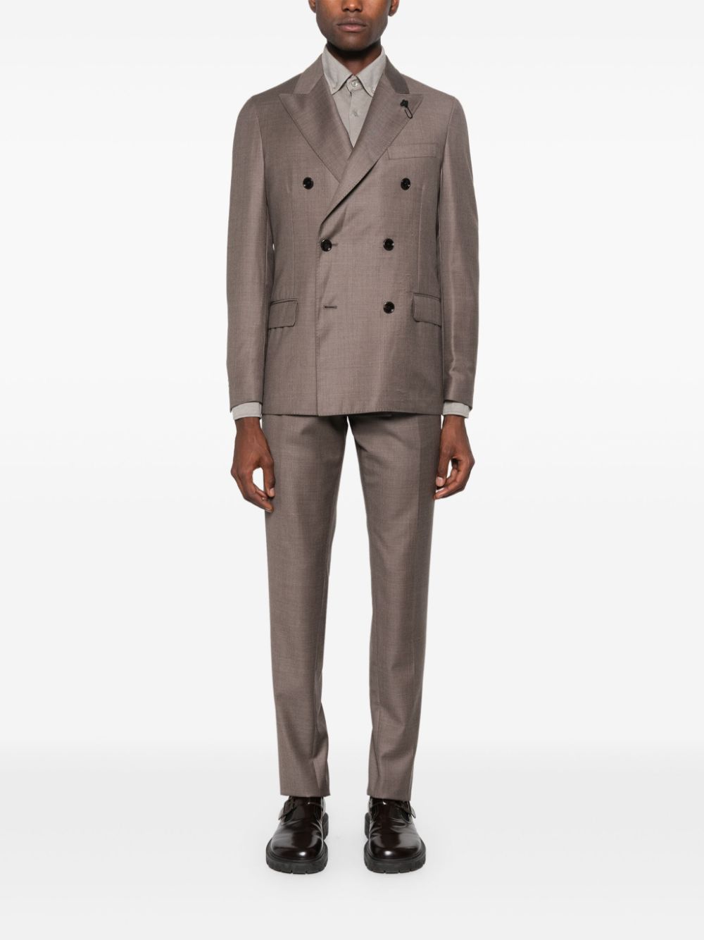 Maison-Kitsune Double Breasted Suits Men Lardini logo-brooch Suit Brown