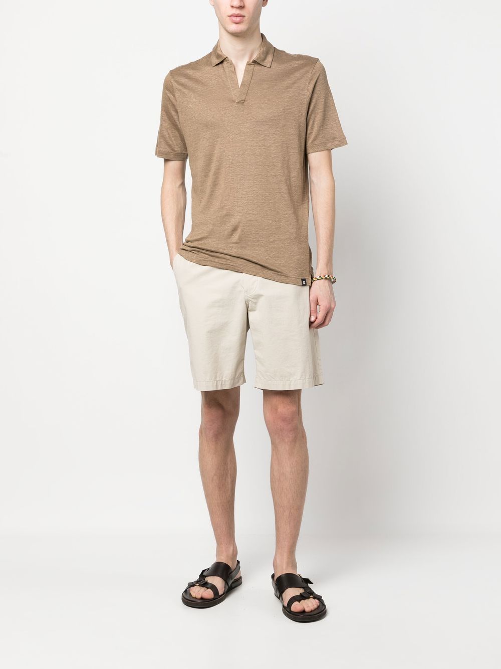 Maison-Kitsune Lardini logo-tag split-neck Polo Shirt Brown Men Polo Shirts