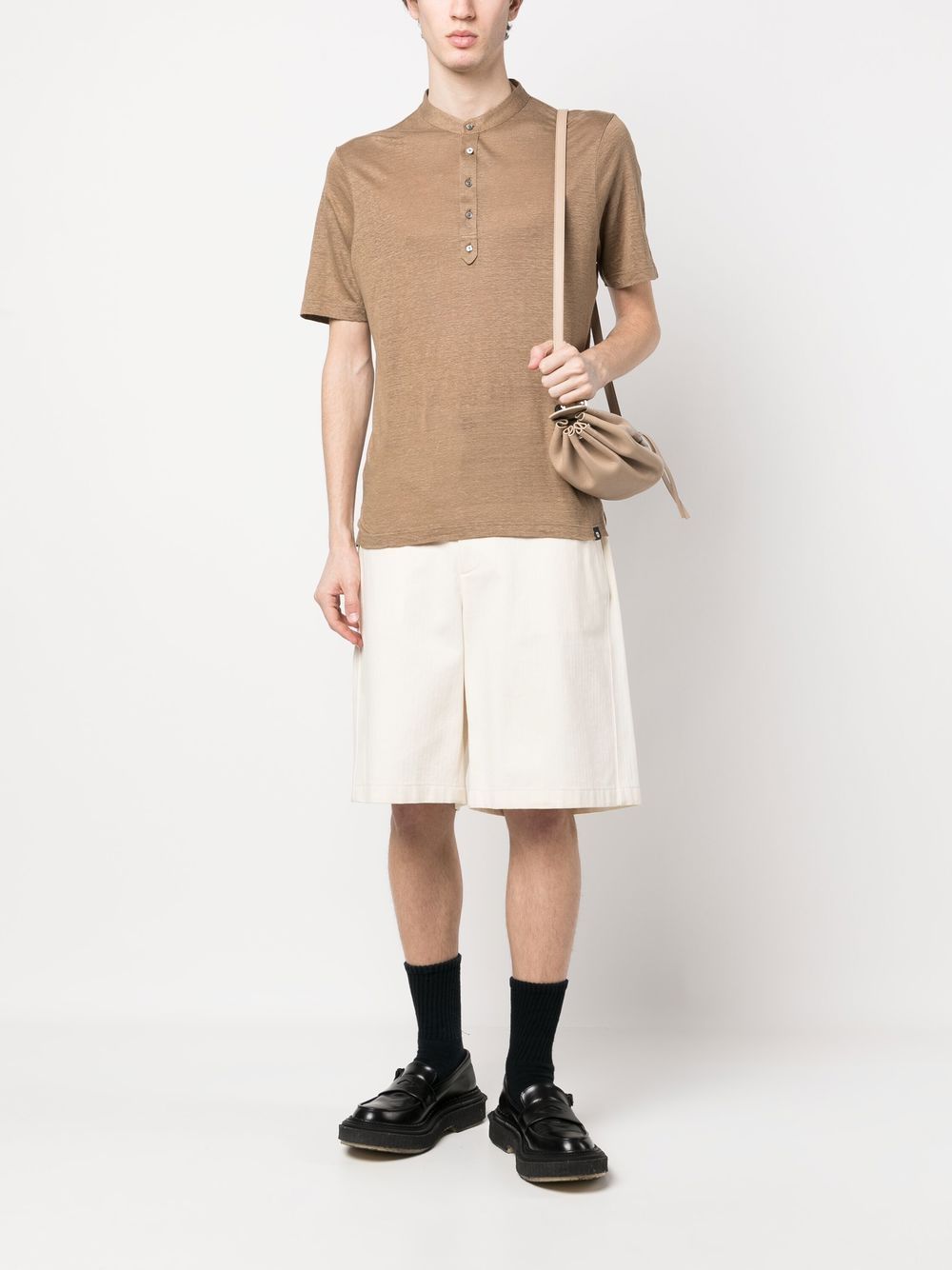 Maison-Kitsune Polo Shirts Men Lardini short-sleeve Linen Shirt Brown