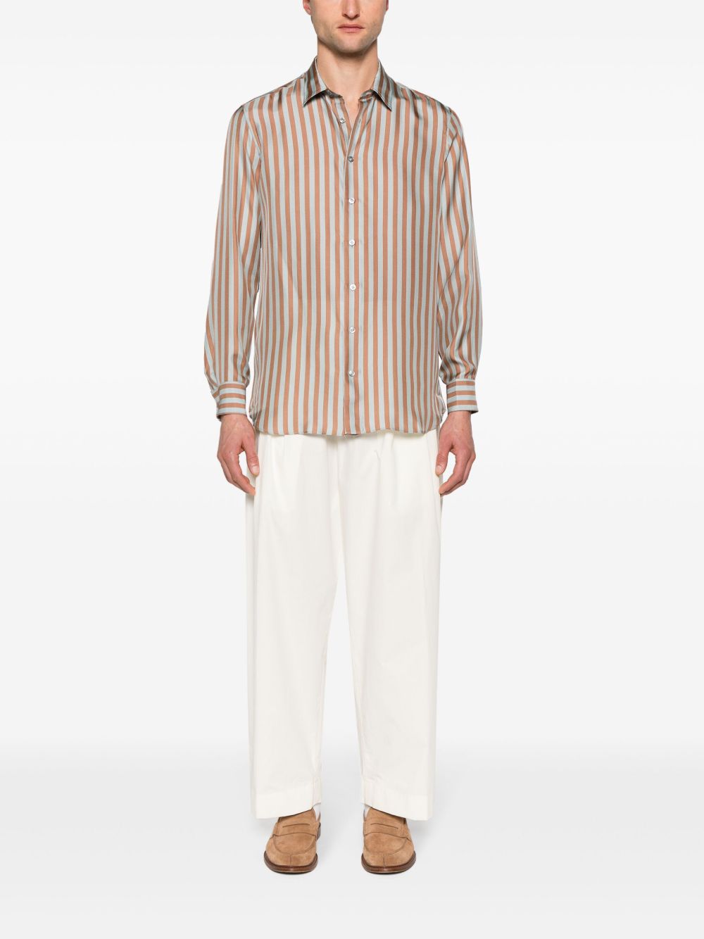 Maison-Kitsune Shirts Men Lardini Striped Silk Shirt Brown