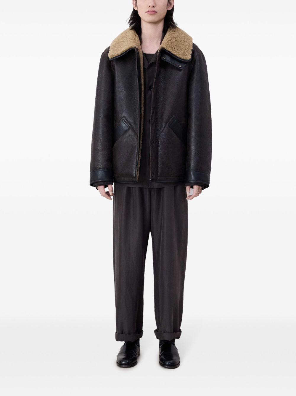 LEMAIRE Shearling Leather Jacket Black Maison-Kitsune Men Leather Jackets