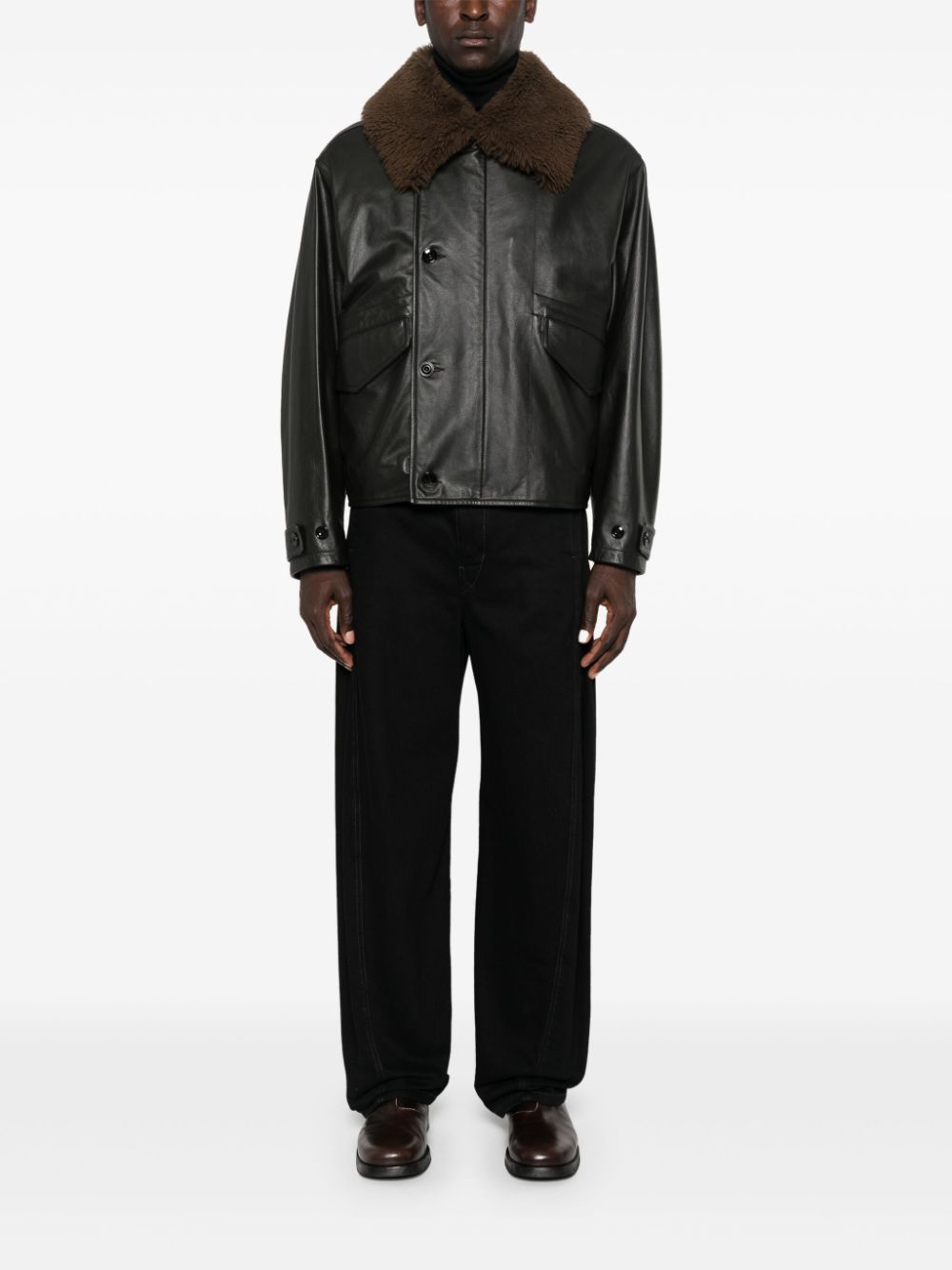 LEMAIRE Leather Padded Jacket Brown Maison-Kitsune Men Leather Jackets