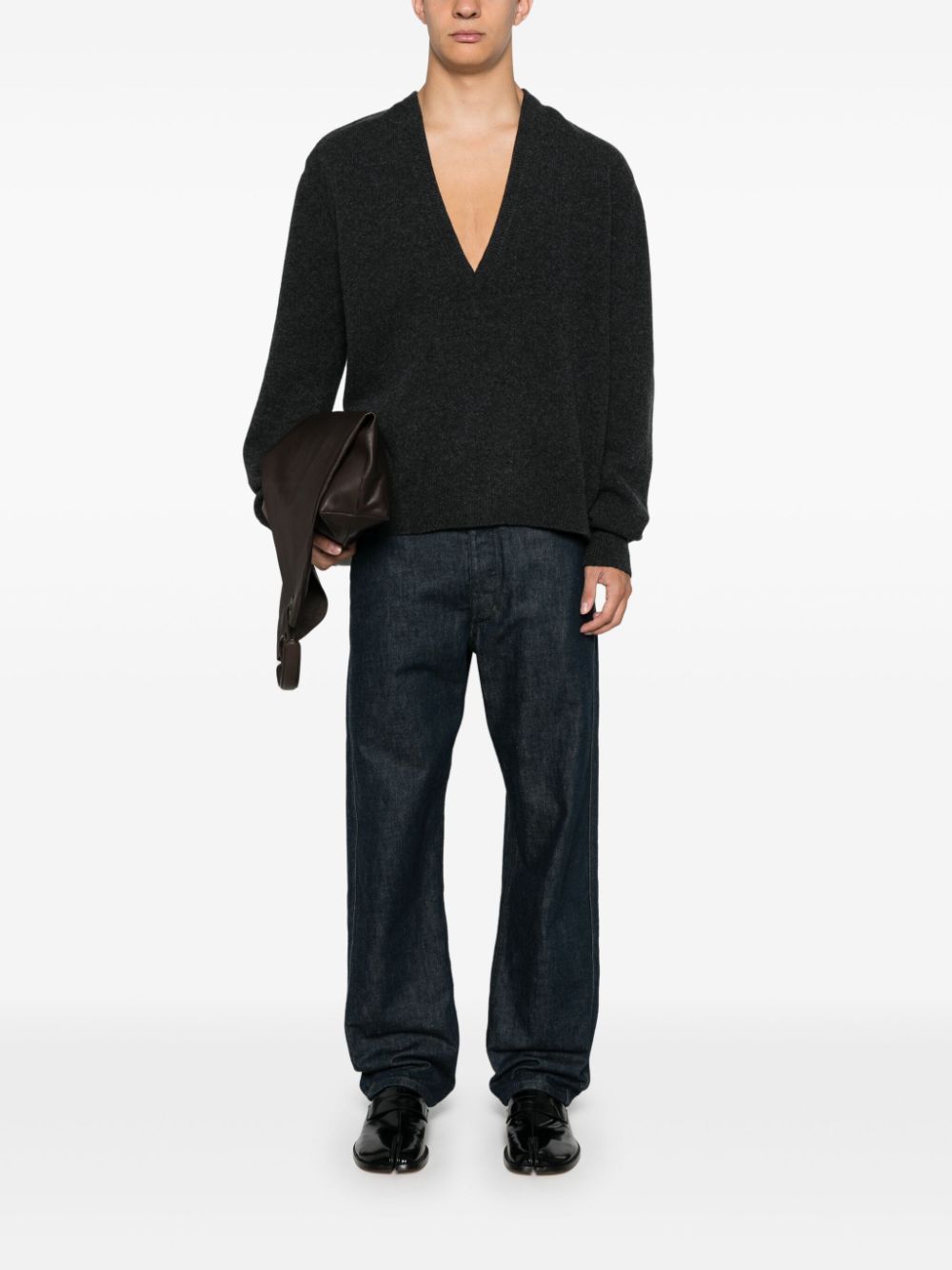 Maison-Kitsune LEMAIRE Plunging V-neck Sweater Grey Men Knitted Sweaters