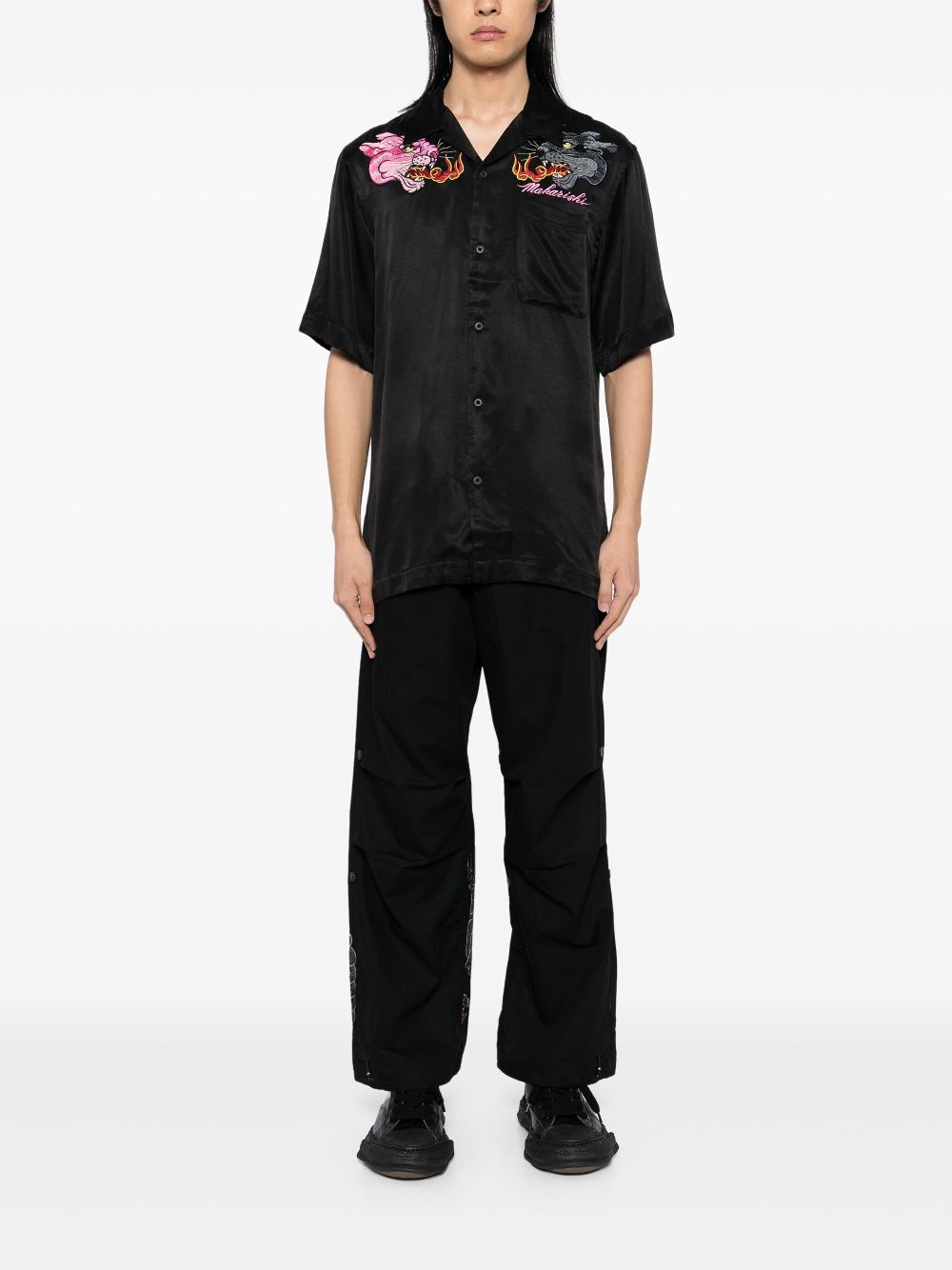 Men Shirts Maison-Kitsune Maharishi Dual Panthers Camp Collar Shirt Black
