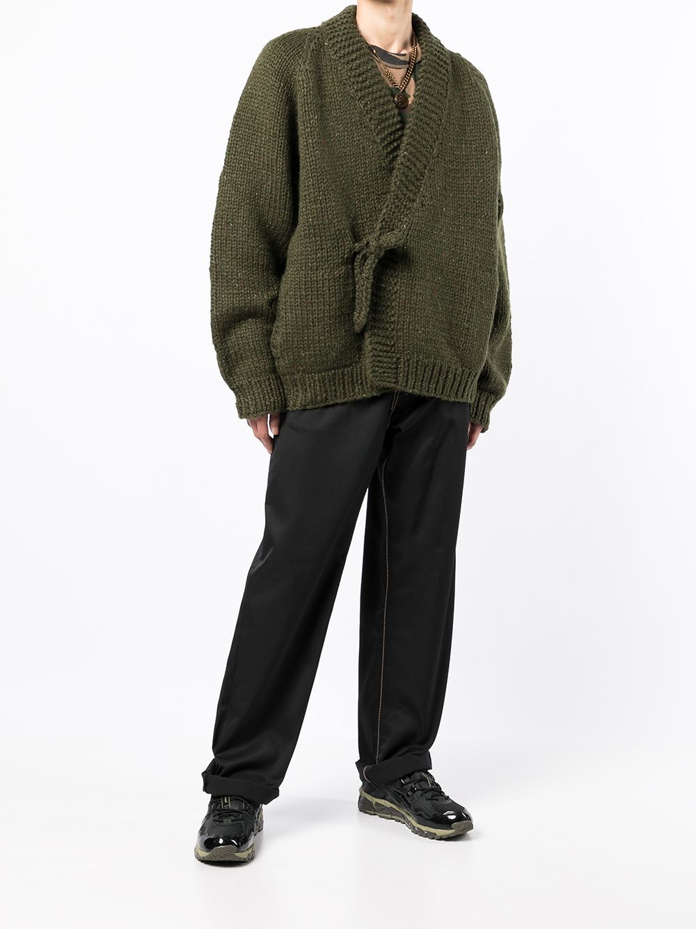 Maharishi tie-fastened Virgin Wool Cardigan Green Men Cardigans Maison-Kitsune