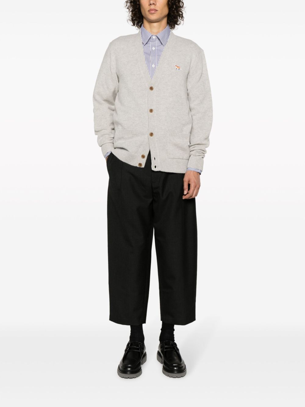 Maison Kitsuné fox-motif V-neck Cardigan Grey Men Cardigans Maison-Kitsune
