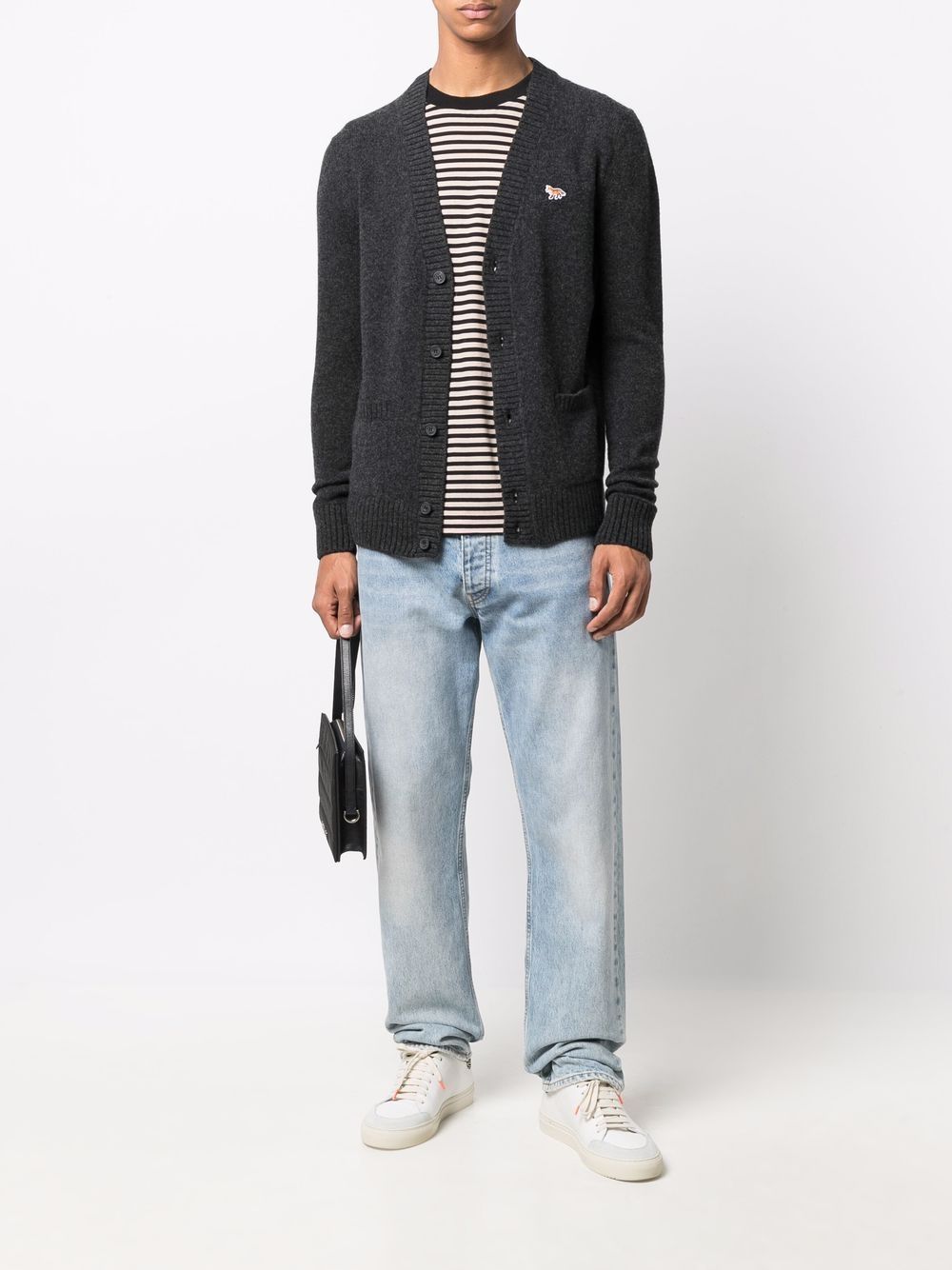 Maison-Kitsune Cardigans Men Maison Kitsuné Fox Patch V-neck Cardigan Grey