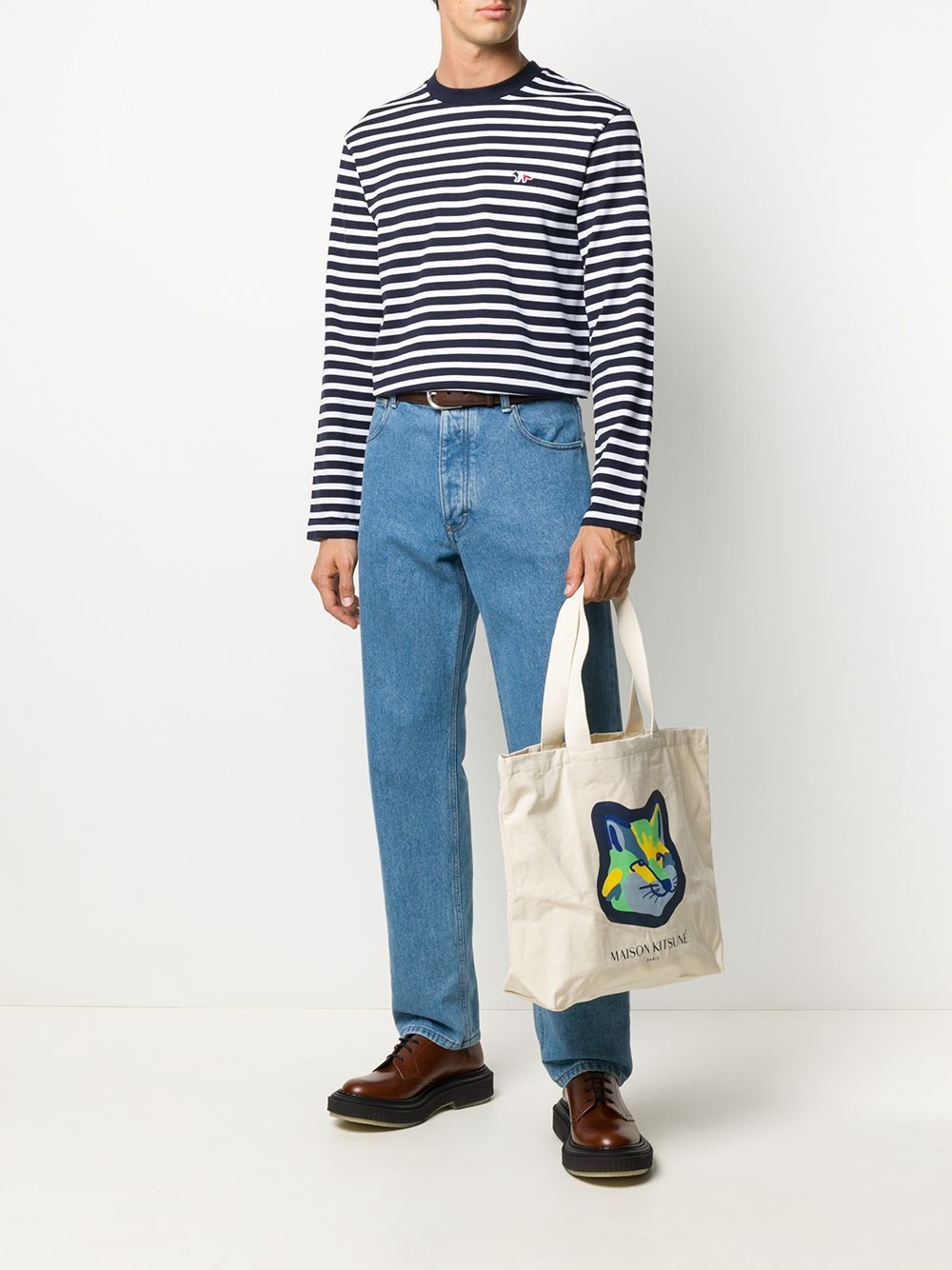 Men T-Shirts Maison-Kitsune Maison Kitsuné fox-embroidered Striped T-shirt Blue
