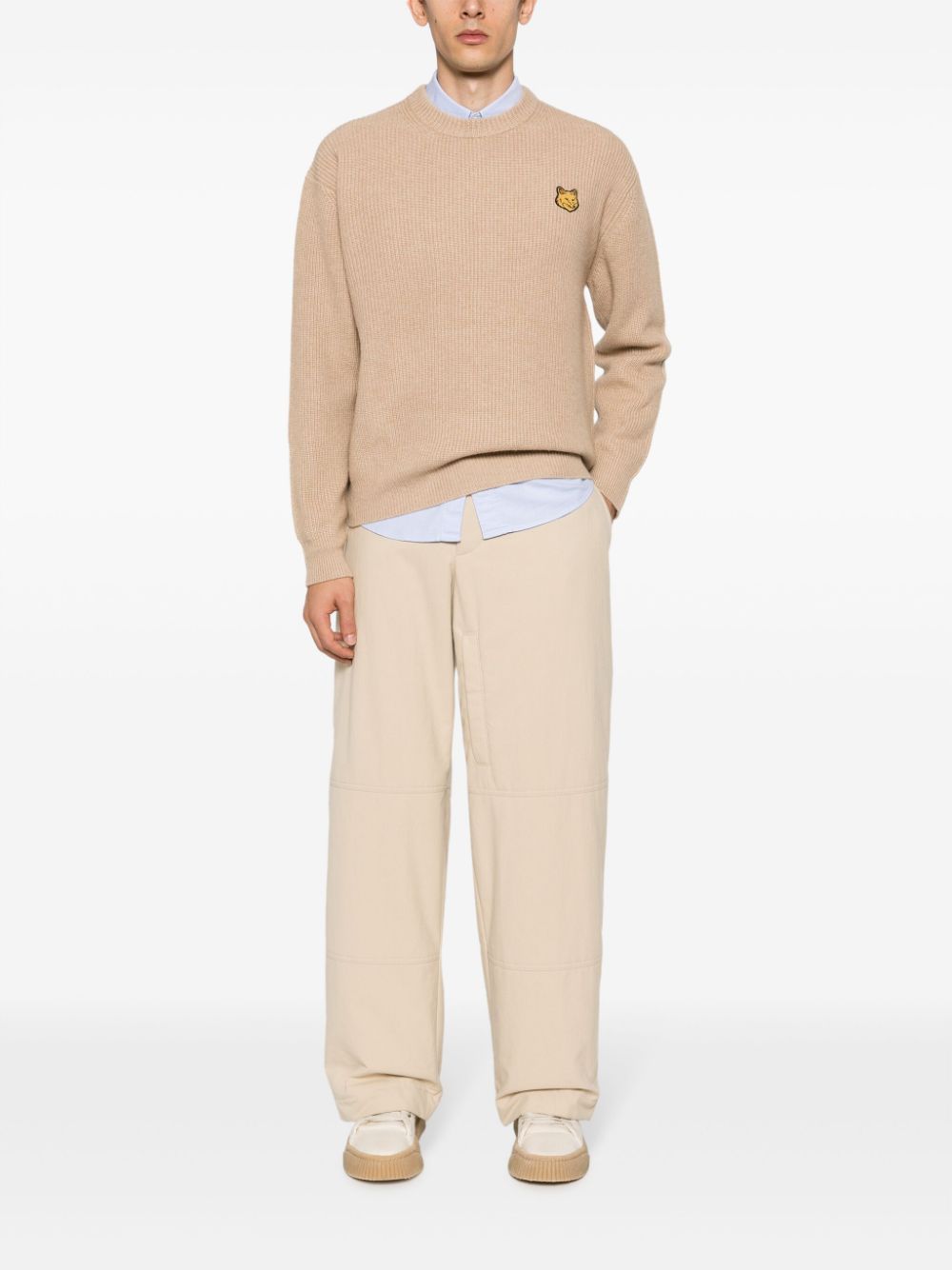 Maison-Kitsune Knitted Sweaters Men Maison Kitsuné Fox-patch ribbed-knit Jumper Neutrals