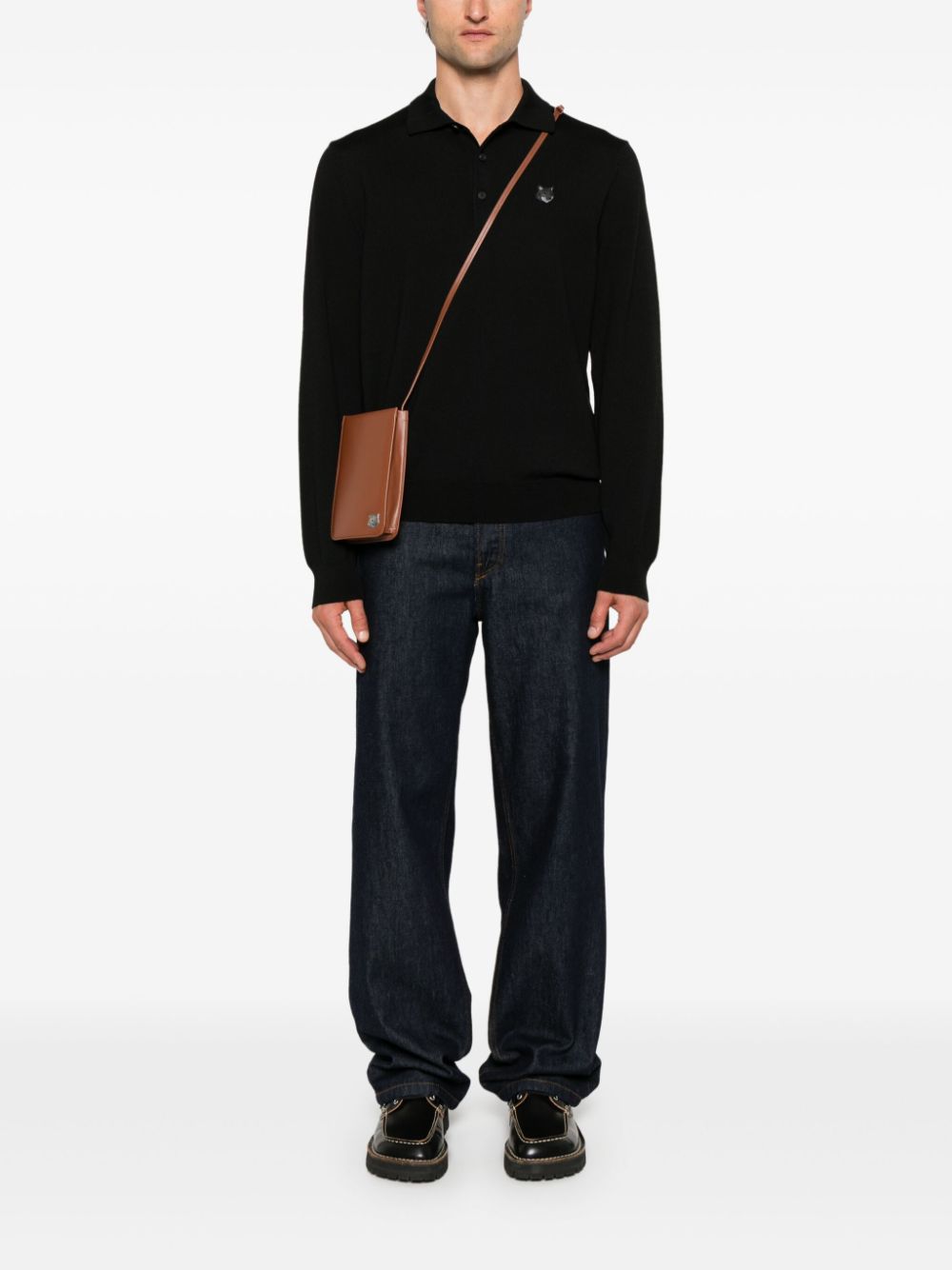 Maison Kitsuné Fox-motif Polo Shirt Black Men Knitted Sweaters Maison-Kitsune