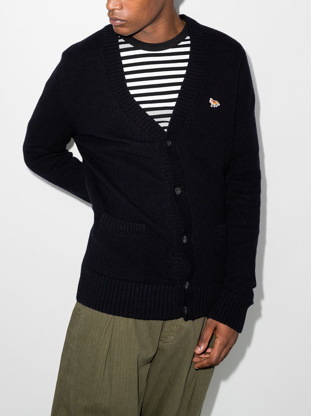 Maison-Kitsune Maison Kitsuné Fox Patch V-neck Cardigan Blue Men Cardigans