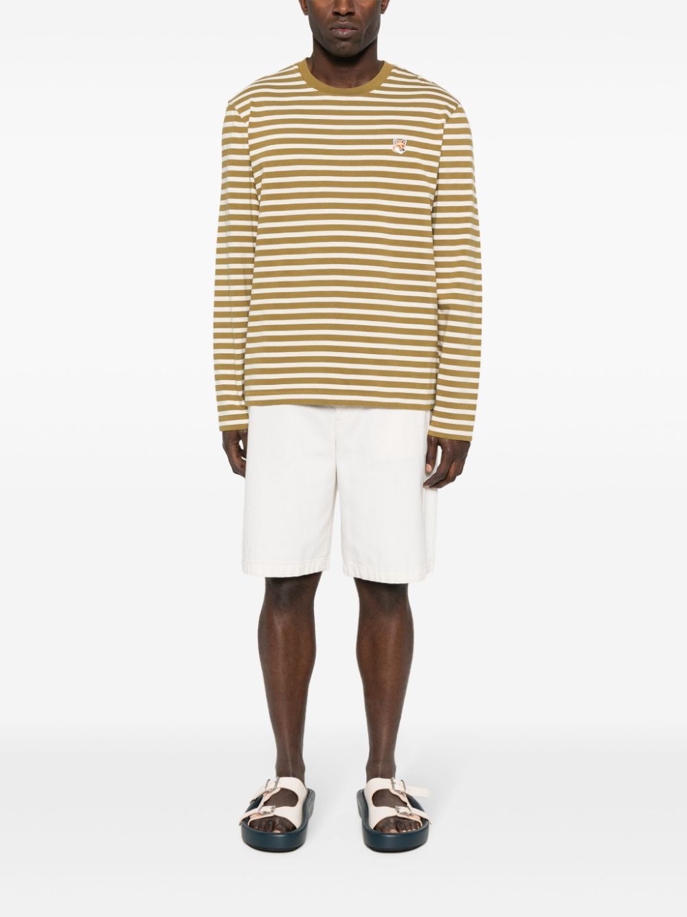 Maison Kitsuné Fox Head Striped Cotton T-shirt Green Men T-Shirts Maison-Kitsune