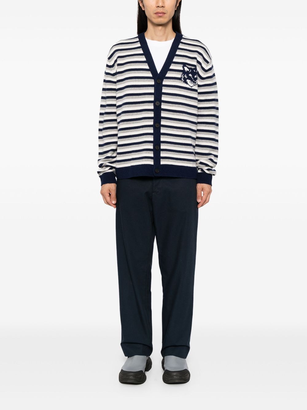 Men Cardigans Maison-Kitsune Maison Kitsuné Fox Head Intarsia Striped Cardigan Blue