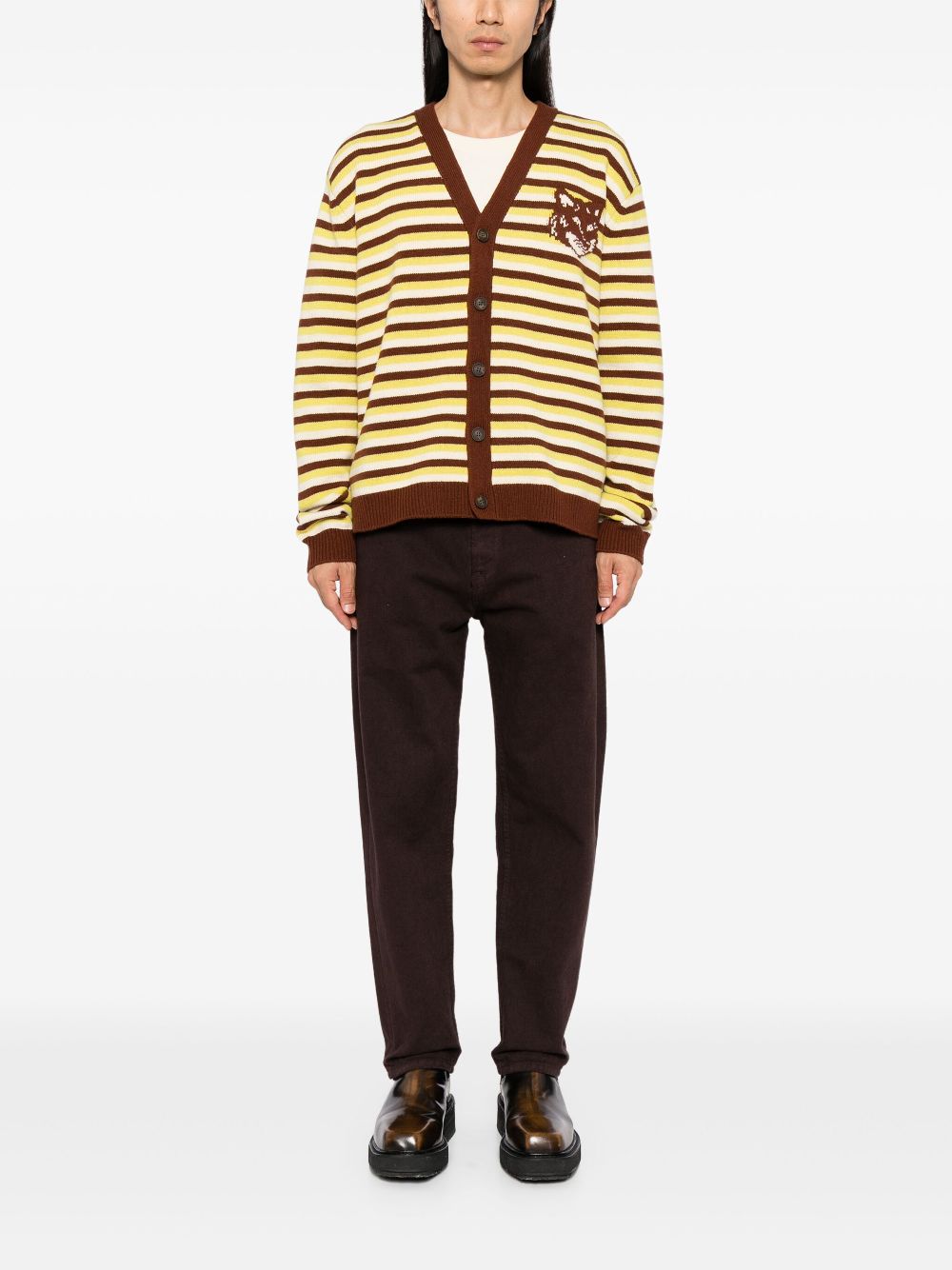 Maison Kitsuné Fox Head Intarsia Striped Cardigan Green Men Cardigans Maison-Kitsune