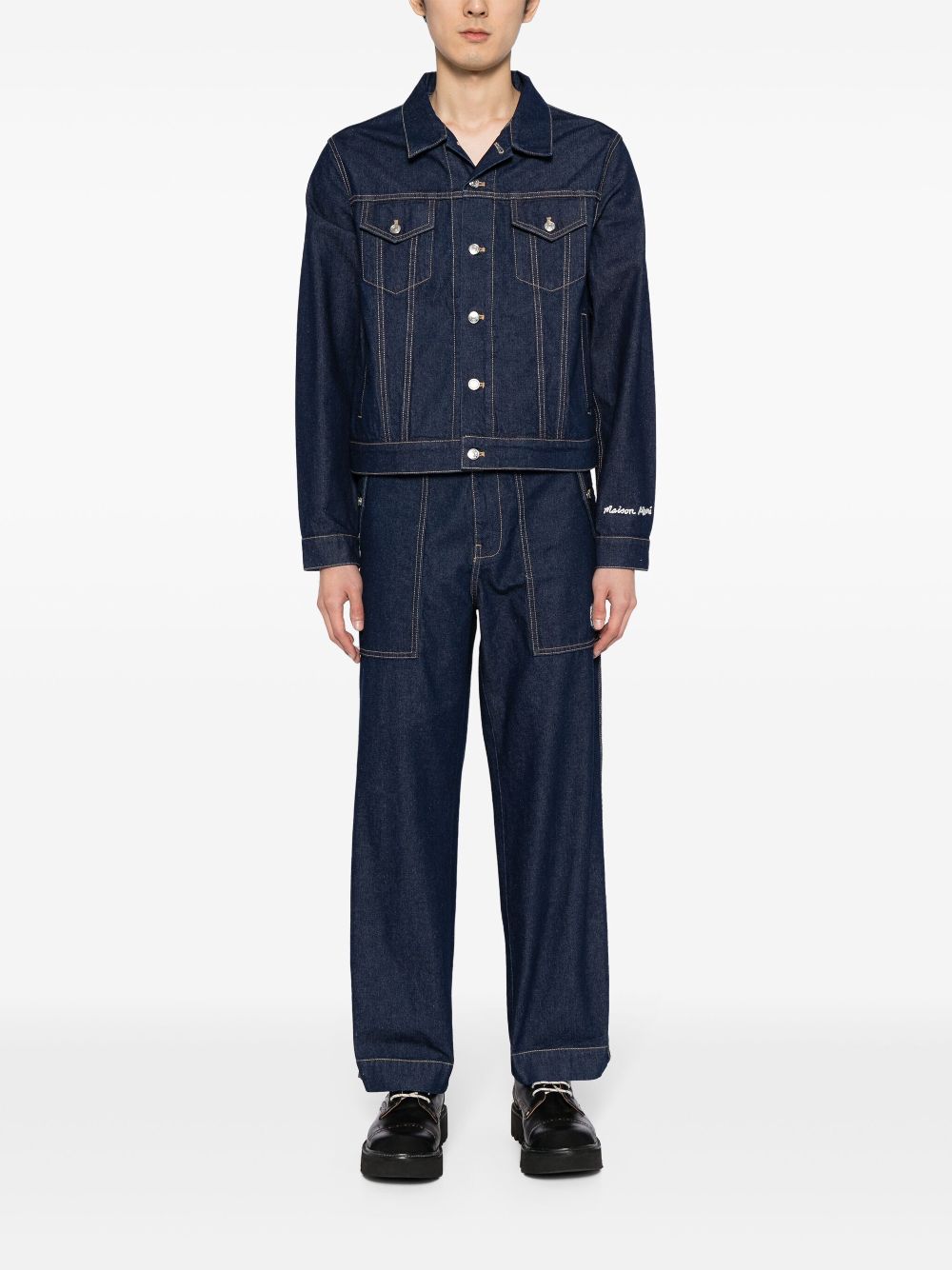 Maison-Kitsune Denim Jackets Men Maison Kitsuné logo-embroidered Cotton Denim Jacket Blue