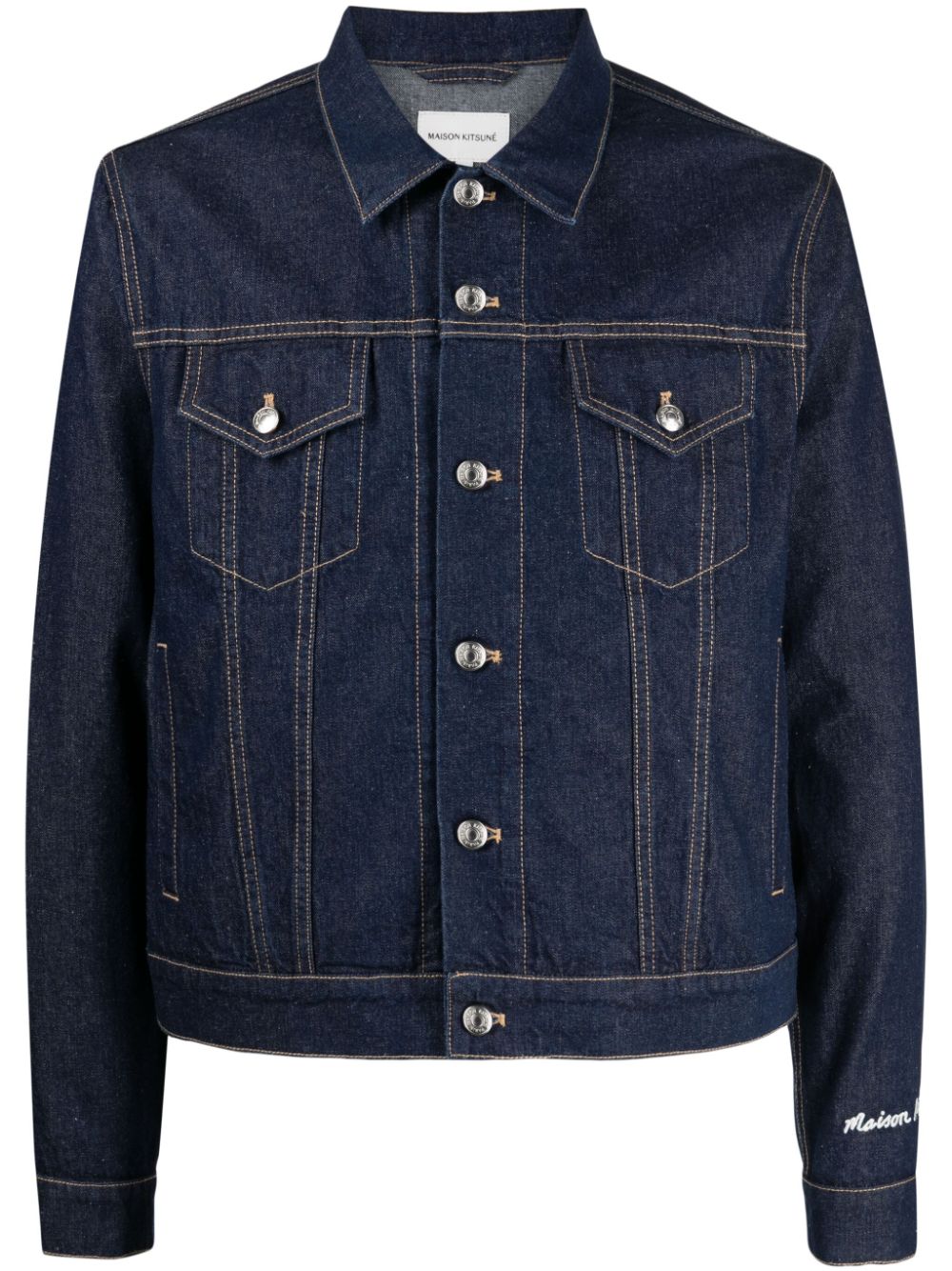 Maison-Kitsune Denim Jackets Men Maison Kitsuné logo-embroidered Cotton Denim Jacket Blue