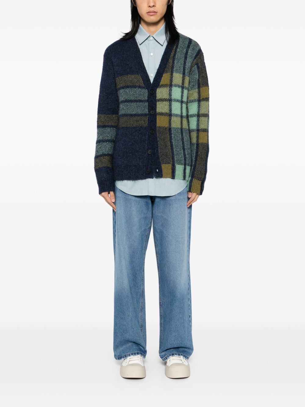 Maison Kitsuné Checked Intarsia Cardigan Green Men Cardigans Maison-Kitsune
