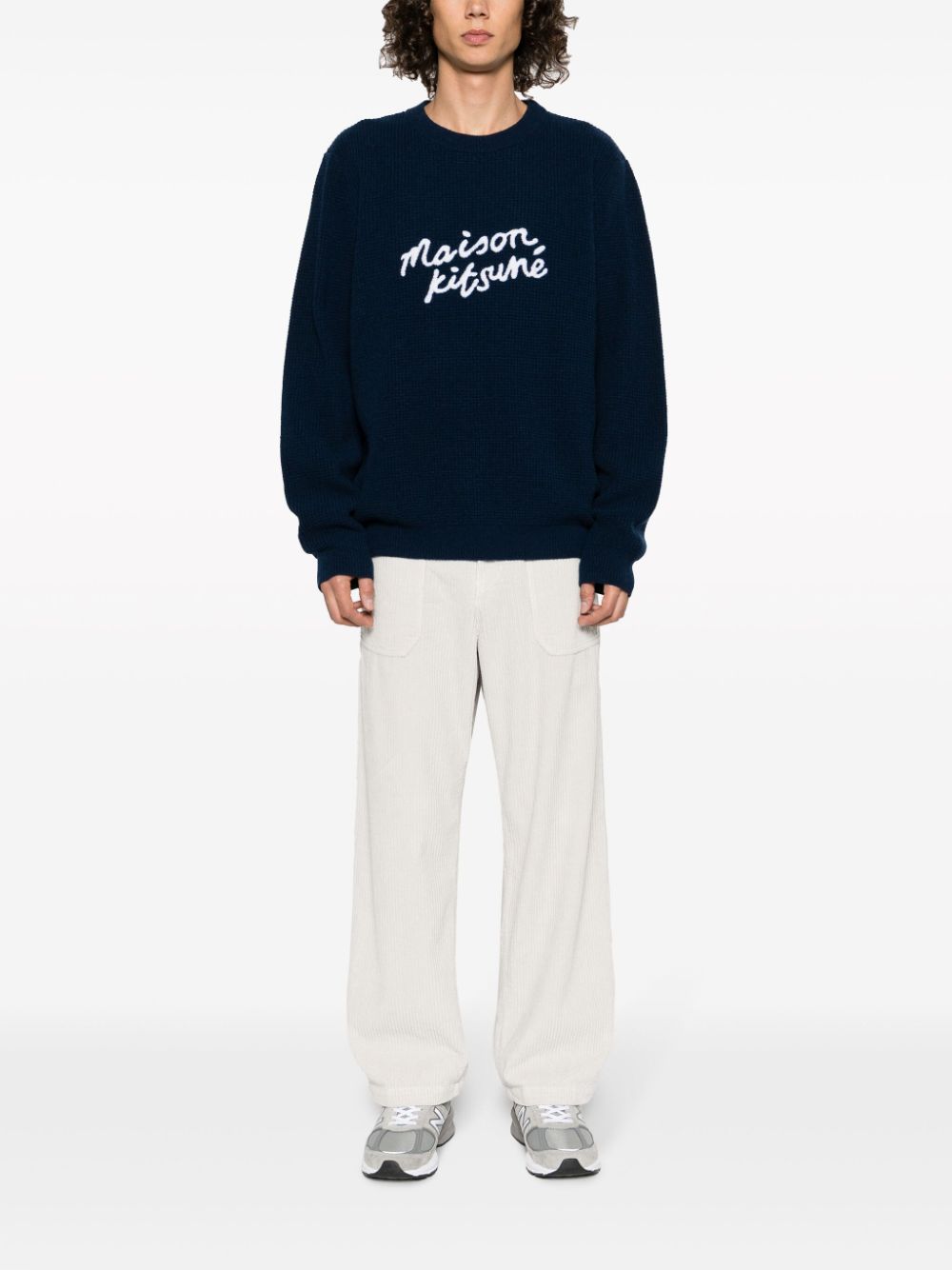 Maison Kitsuné logo-embroidered Wool Jumper Blue Maison-Kitsune Men Knitted Sweaters