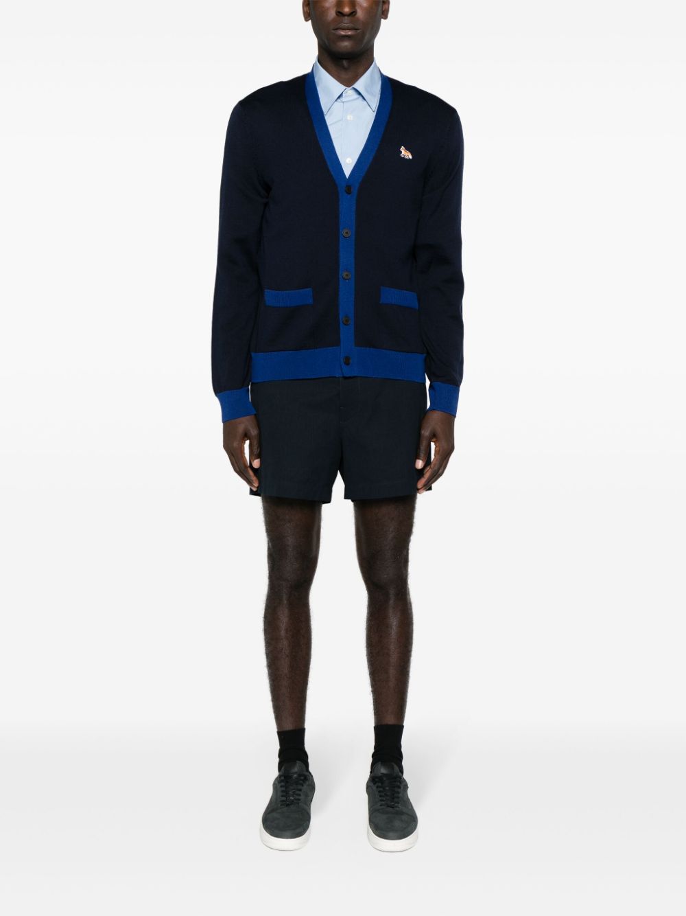 Maison Kitsuné Baby Fox-patch Wool Cardigan Blue Maison-Kitsune Men Cardigans