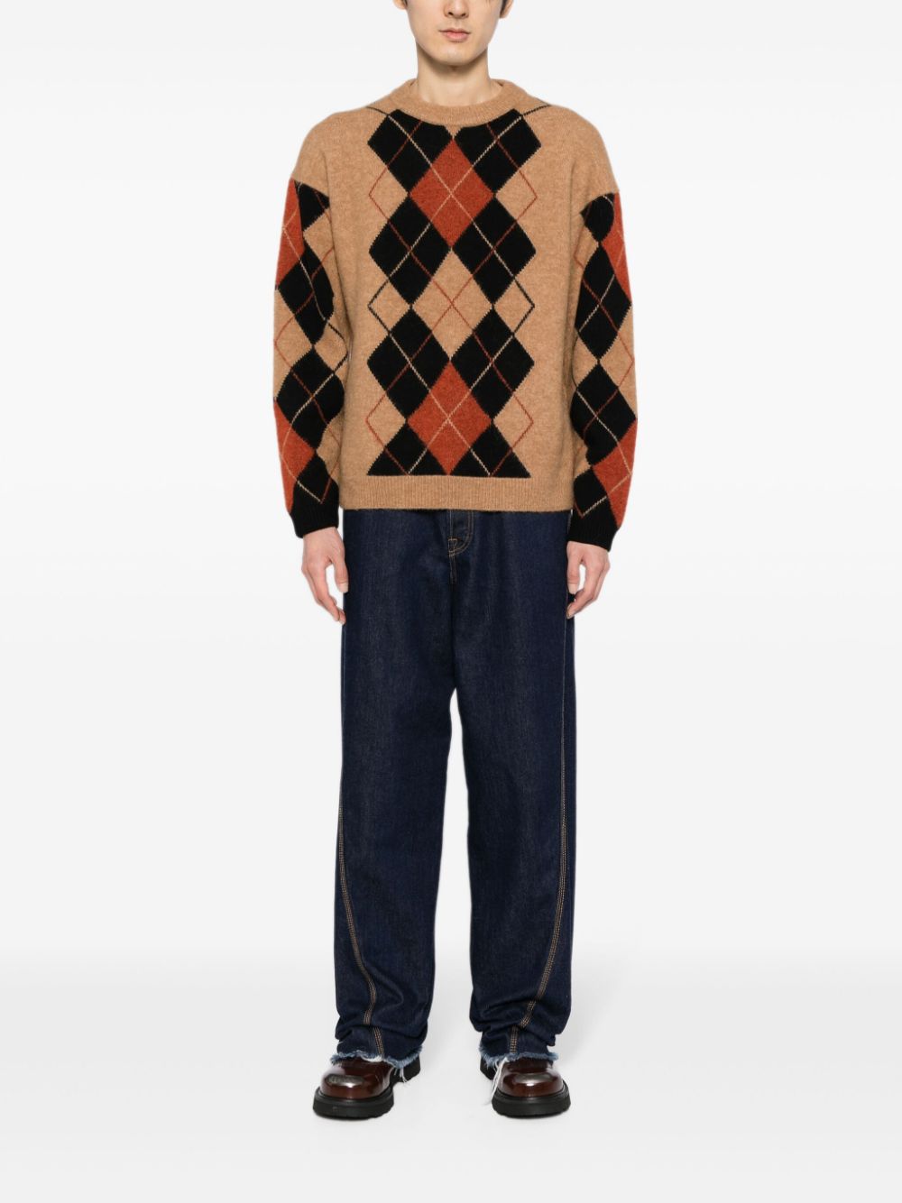 Maison Kitsuné argyle-pattern crew-neck Jumper Brown Men Knitted Sweaters Maison-Kitsune