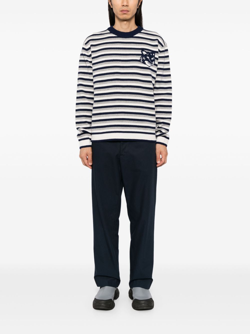 Maison Kitsuné Fox Head Intarsia Striped Jumper Blue Men Knitted Sweaters Maison-Kitsune