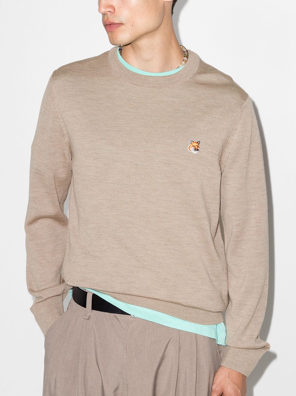 Men Knitted Sweaters Maison-Kitsune Maison Kitsuné Fox Patch Crew Neck Jumper Neutrals