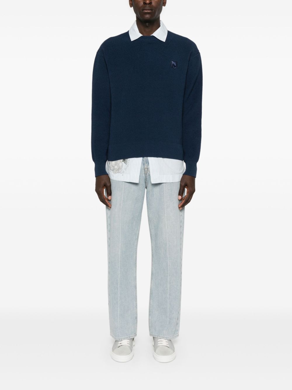 Maison-Kitsune Maison Kitsuné Embroidered Logo Cotton Blend Jumper Blue Men Knitted Sweaters