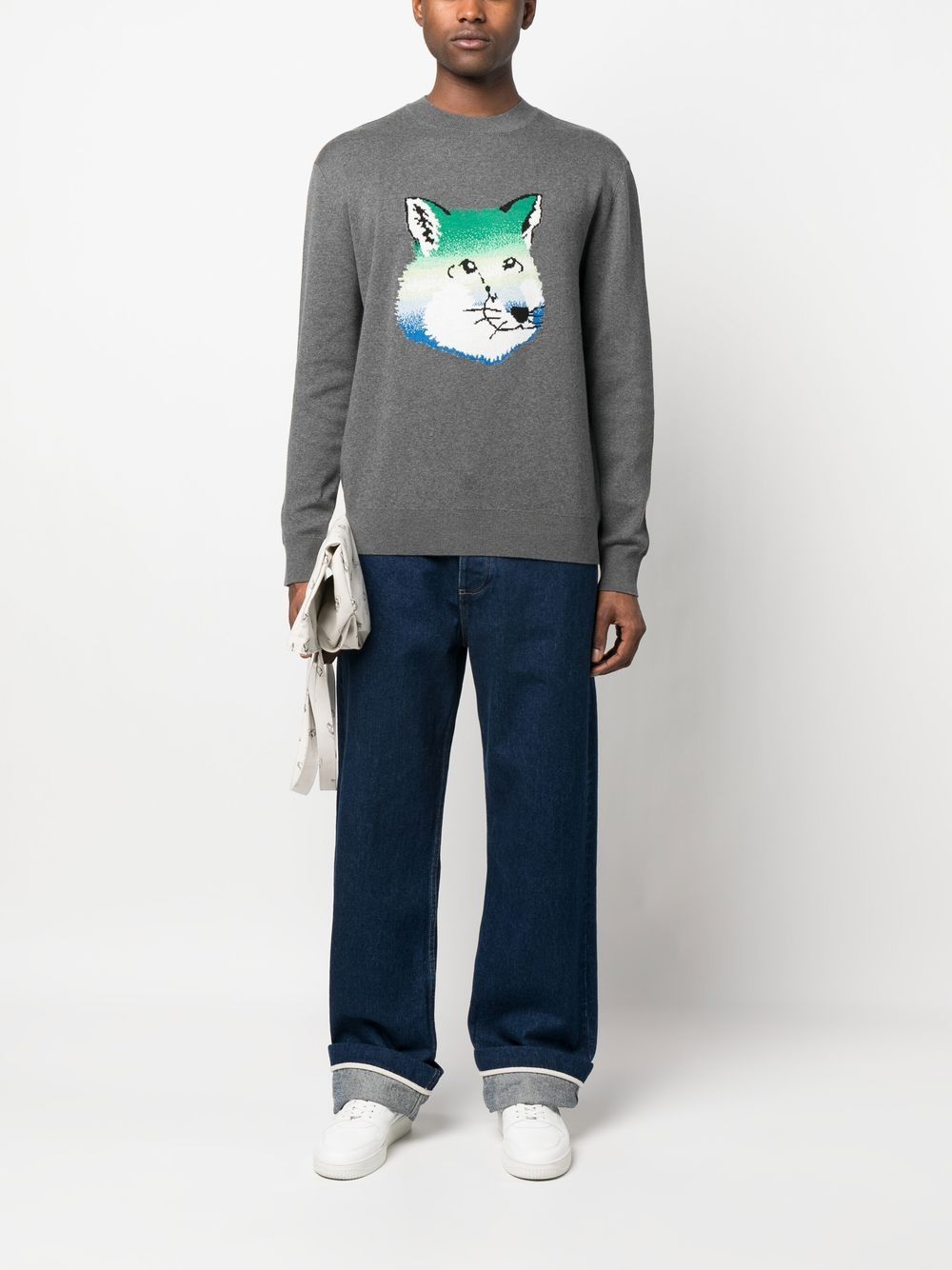 Maison Kitsuné Vibrant Fox Head Intarsia Pullover Grey Men Knitted Sweaters Maison-Kitsune