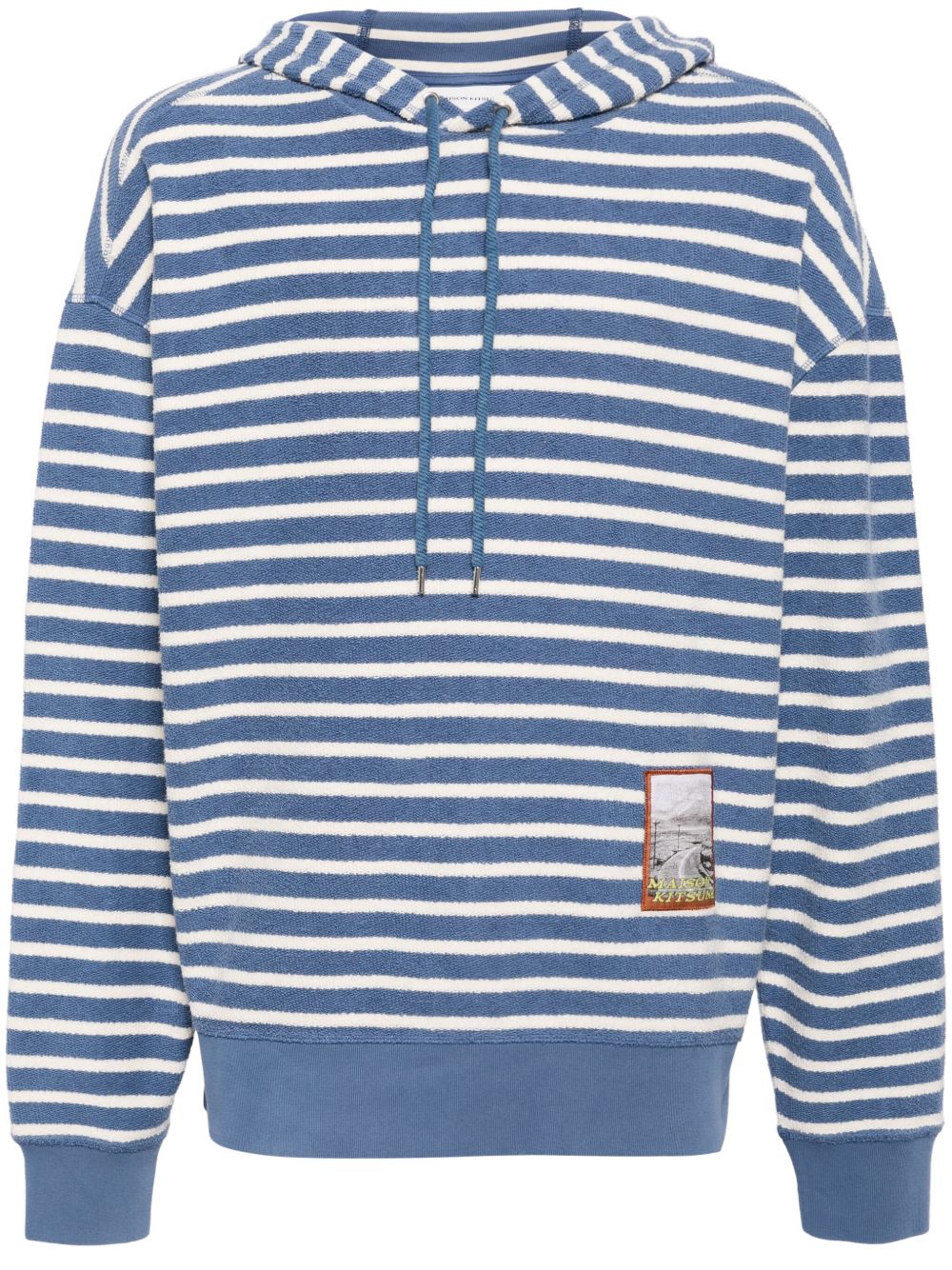 Maison Kitsuné appliqué-logo Striped Cotton Hoodie Blue Maison-Kitsune Men Hoodies