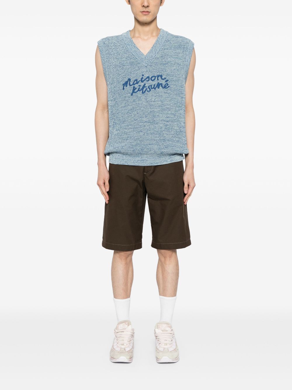 Maison Kitsuné embroidered-logo V-neck Cotton Vest Blue Maison-Kitsune Men Knitted Sweaters