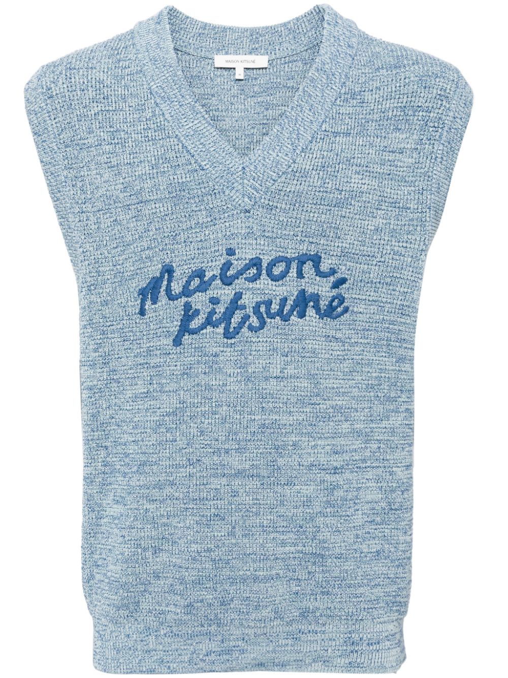 Maison Kitsuné embroidered-logo V-neck Cotton Vest Blue Maison-Kitsune Men Knitted Sweaters
