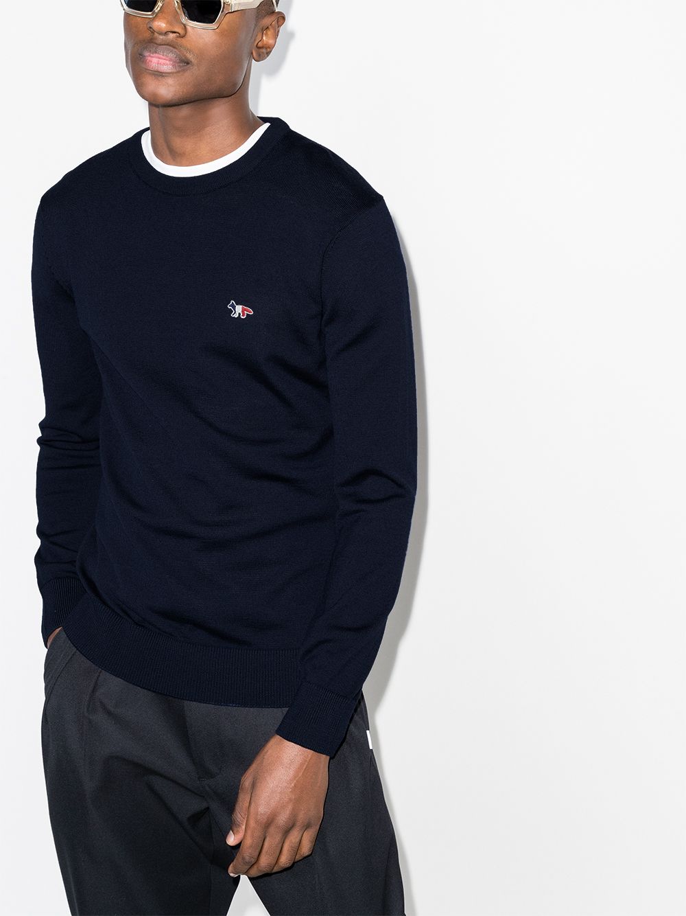 Maison Kitsuné Embroidered Logo Wool Jumper Blue Men Knitted Sweaters Maison-Kitsune