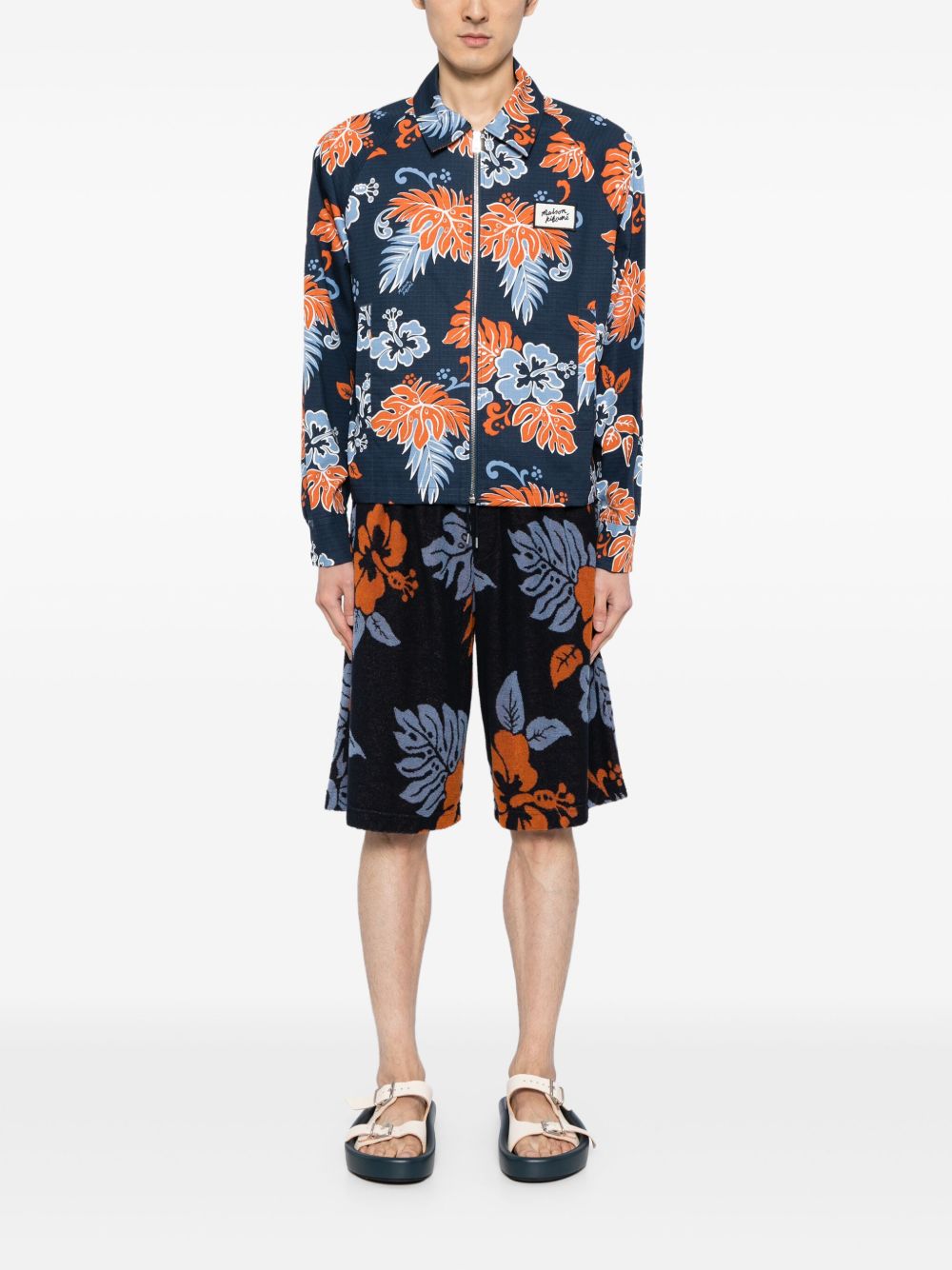 Maison Kitsuné floral-print Cotton Shorts Blue Men Bermuda Shorts Maison-Kitsune