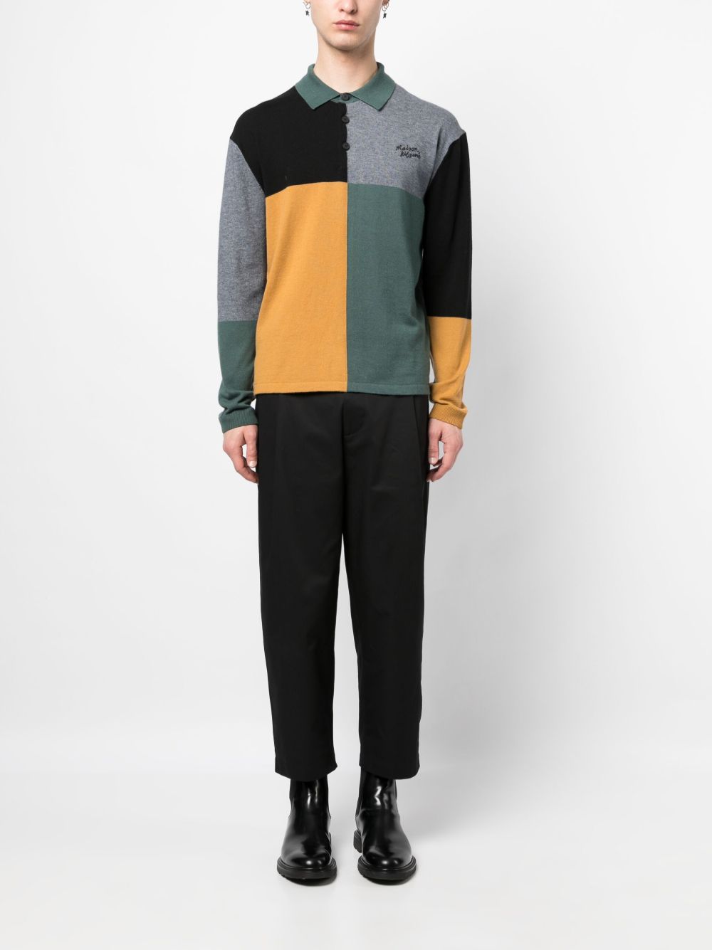 Maison-Kitsune Maison Kitsuné colour-block Knitted Polo Jumper Green Men Knitted Sweaters