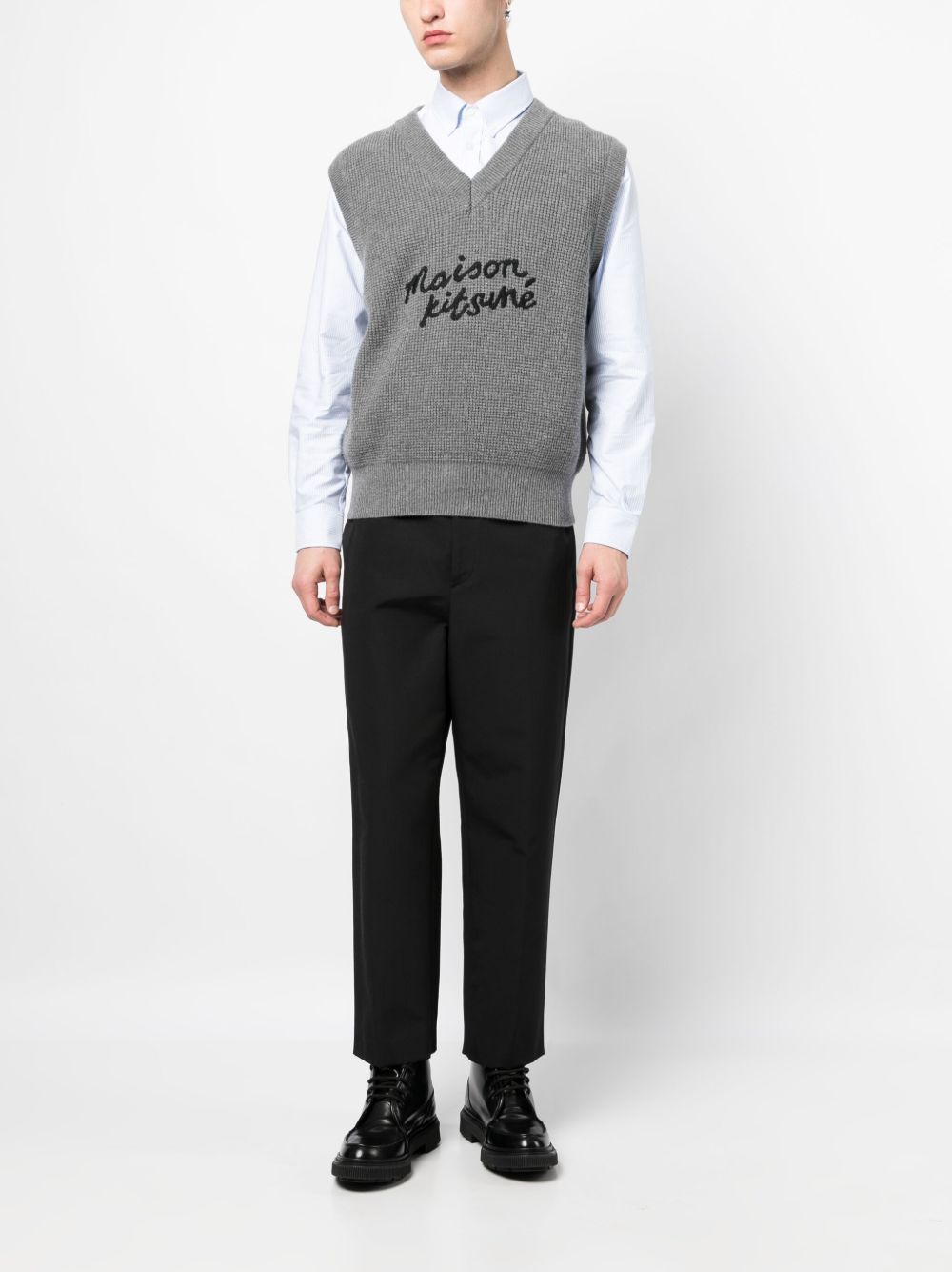 Maison Kitsuné logo-embroidered Wool Vest Grey Men Knitted Sweaters Maison-Kitsune